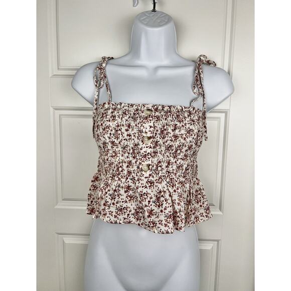 Paper Crane Crop Top Size S Ivory Burgundy Floral Smocked Spaghetti Strap - Picture 1 of 7